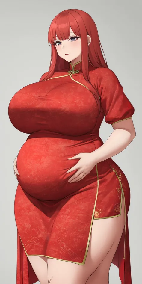 florence_alicia, huge_breasts, standing, solo, china_dress,, masterpiece, best quality, detailed face, detailed eyes, highres, chubby, fat belly, thick thighs, heavy belly, bottom heavy , (best quality, masterpiece)