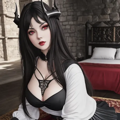 masterpiece, gothic aesthetic, dream atmosphere, ultra realistic, 16k, best quality, absurdres, perfect anatomy, 1girl, goth brunette, voluminous silky hair, goth makeup, bright red eyes (intense look), pale-white skin (highlighted), realistic shading, sol...