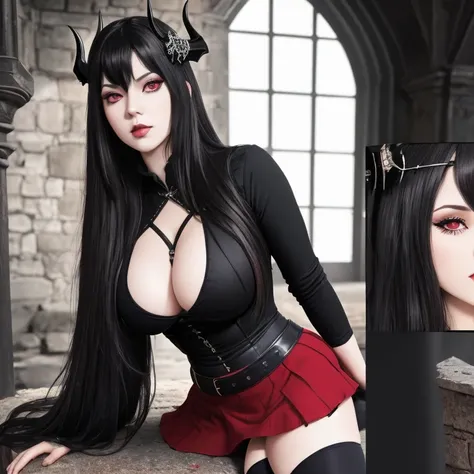 masterpiece, gothic aesthetic, dream atmosphere, ultra realistic, 16k, best quality, absurdres, perfect anatomy, 1girl, goth brunette, voluminous silky hair, cute hair fringe, goth makeup, bright red eyes (intense look), pale-white skin (highlighted), real...