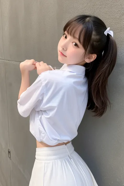 8k,masterpiece,Small breasts　Japanese,10 and 13 year old girls　Lift your breasts through your clothes　Backhug　Kissing my neck from behind　Pure white shirt　Checked Skirt　cute,Innocent face,Innocent,Kind eyes,Childish, baby-faced, wall-side　Both arms handcuf...