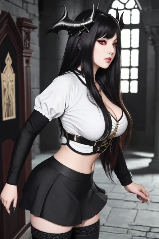 masterpiece, gothic aesthetic, dream atmosphere, ultra realistic, 16k, best quality, absurdres, perfect anatomy, 1girl, goth brunette, voluminous silky hair, cute hair fringe, goth makeup, bright red eyes (intense look), pale-white skin (highlighted), real...