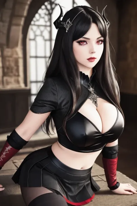 masterpiece, gothic aesthetic, dream atmosphere, ultra realistic, 16k, best quality, absurdres, perfect anatomy, 1girl, goth brunette, voluminous silky hair, cute hair fringe, goth makeup, bright red eyes (intense look), pale-white skin (highlighted), real...