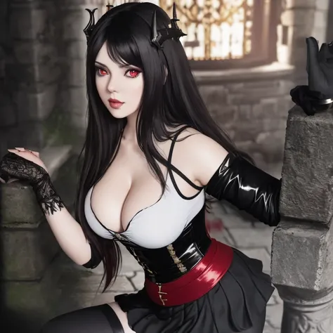 masterpiece, gothic aesthetic, dream atmosphere, ultra realistic, 16k, best quality, absurdres, perfect anatomy, 1girl, goth brunette, voluminous silky hair, cute hair fringe, goth makeup, bright red eyes (intense look), pale-white skin (highlighted), real...