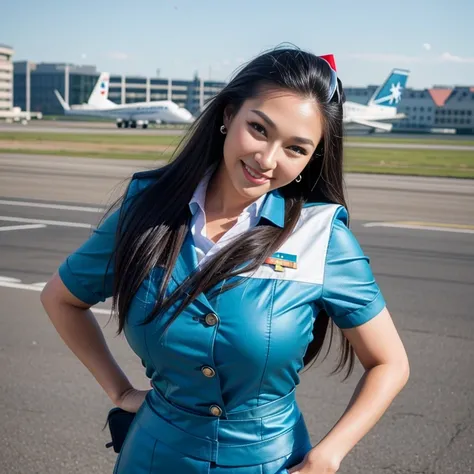 (Thai woman),(highponytail),(forehead),(Flight attendant uniforms:1.5),(short skirt),(enormous breasts:1.6),(slim waist:1.3),(Rolling luggage:1.3),(smile:1.5),(trap),(aircraft runway in the background:1.5), (cowboy shot:1.4),8k, UHD,