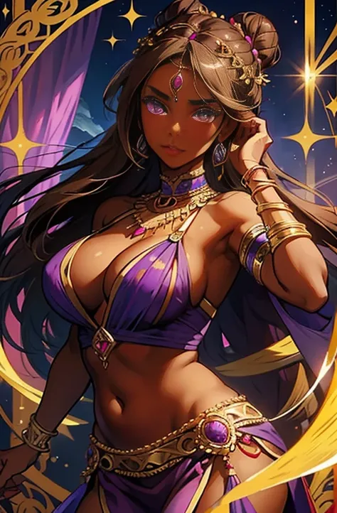 portrait of a exotic concubine with dark brown hair tied up in a bun, dark skin, purple eyes, big breasts, violet belly dancer dress ,Embroidery,armlets, bangle, purple gemstone and gold jewelry:1.3,Ancient hair accessories