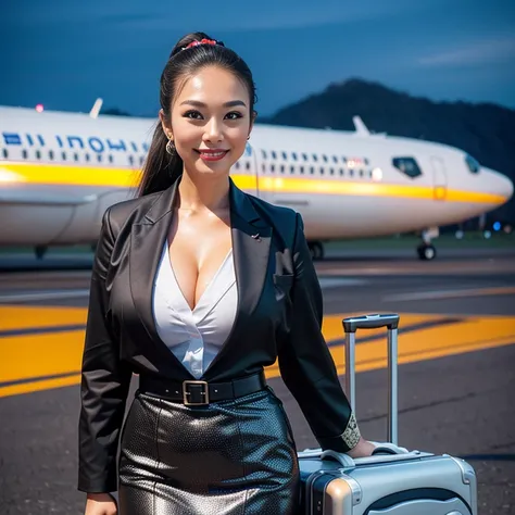 (Thai woman),(highponytail),(forehead),(Flight attendant uniforms:1.5),(short skirt),(enormous breasts:1.6),(slim waist:1.3),(Rolling luggage:1.3),(smile:1.5),(night:1.3),(aircraft runway in the background:1.5), (cowboy shot:1.4),8k, UHD,