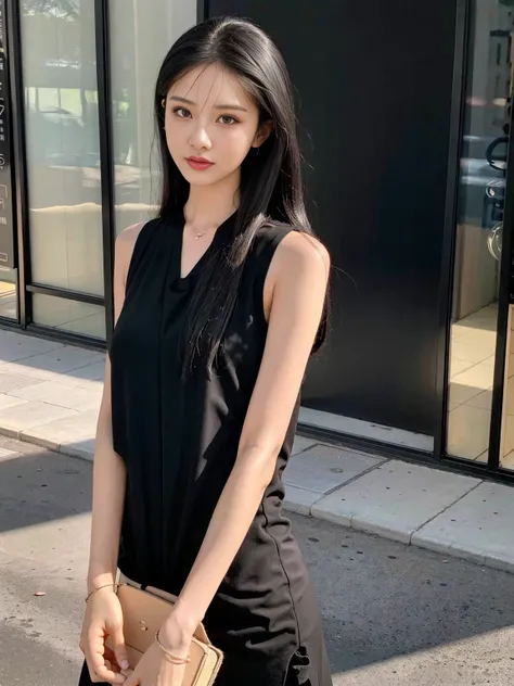 Woman in black dress standing on street corner, Bandeau dress, Chinese Girl, anime girl wearing black dress, she has black hair，By Bangs, Wearing a black camisole vest，black hair, mole under eye, makeup, cowboy shot, Sony FE GM, highres, high quality, high...