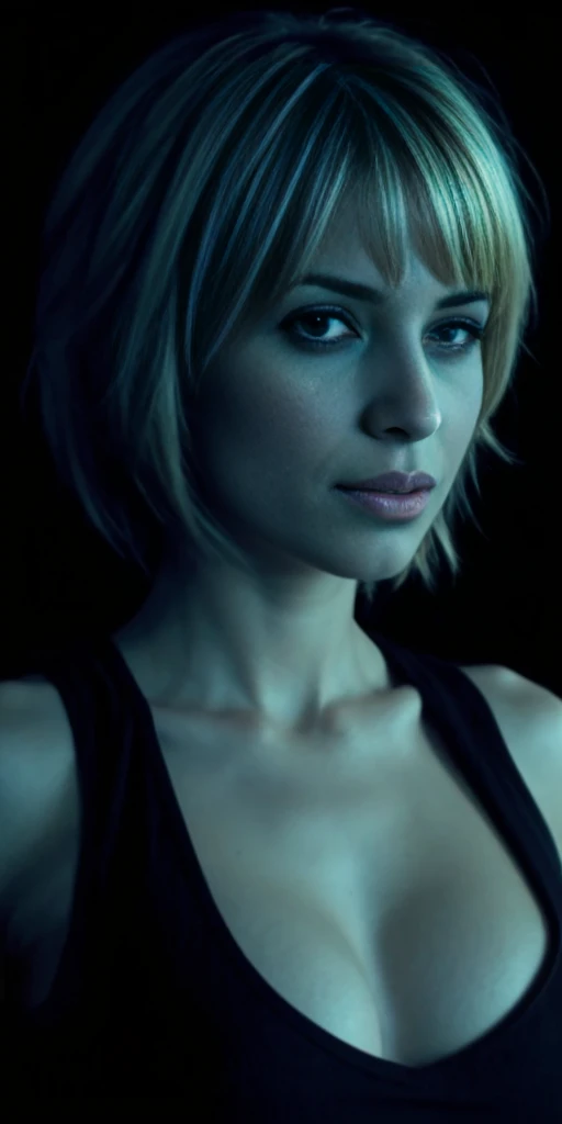 SarahShahi face, detailed, full lips, hair blond bob cut, big boob, large breasts, black tank top