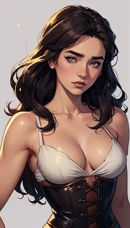 GTA character style illustration and Completely naked breasts showing a little fear Breast size Cartoon name: Isabella Cruz white background medium breasts freckled face Hermione Granger actress strong contours Physical description - long straight hair, ti...