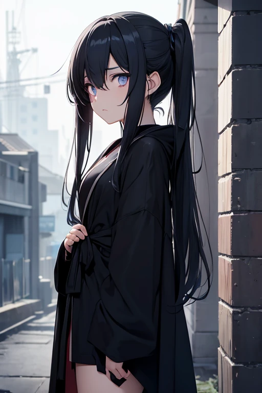 anime girl, long messi black eye dark blue eye, wearing a pitch black robe, sad expresion