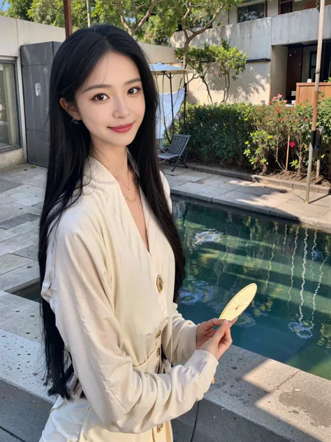 In the sunny courtyard，A girl next door stood there quietly。She has long black hair that flows like a waterfall.，Gently fluttering in the breeze。Her face was filled with a warm and innocent smile，The clear eyes sparkle like the lake water under the sun，The...