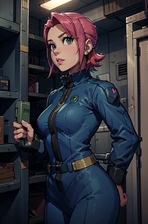 mayl sakurai reimagined as a vault dweller, doing maintenance in an underground vault. her vibrant pink hair stands out against ...