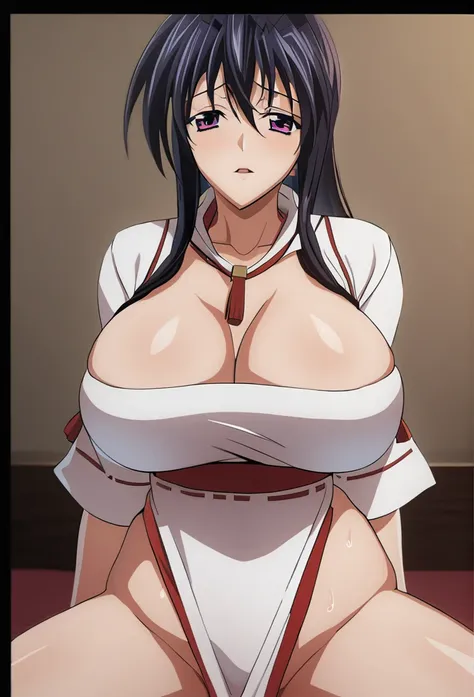 sysdeep_akeno, HD, masterpiece, high resolution,Akeno Himejima, black hair, long hair, purple eyes, big breast, (miko outfit) sexy_body,  