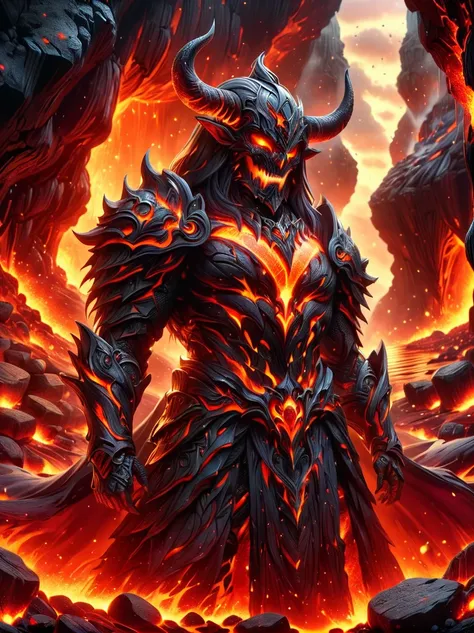 1 demon with a body made of lava，extremely detailed face and eyes，burning lava texture，glowing orange highlights，black horn，shar...