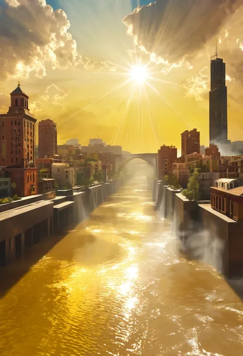 Surreal digital artwork of a mysterious cityscape rising into the sky, The clouds dispersed，The bright sun, Jesus Day，Golden Sunshine，The Yellow River flows on the ground