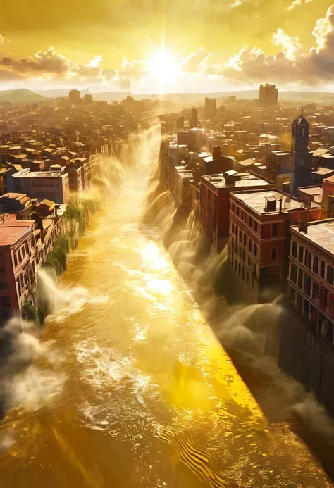 Surreal digital artwork of a mysterious cityscape rising into the sky, The clouds dispersed，The bright sun, Jesus Day，Golden Sunshine，The Yellow River flows on the ground