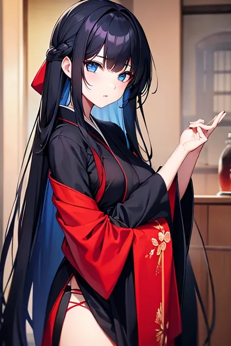 beautiful girl with long black hair, blue eyes, red and blue kimono