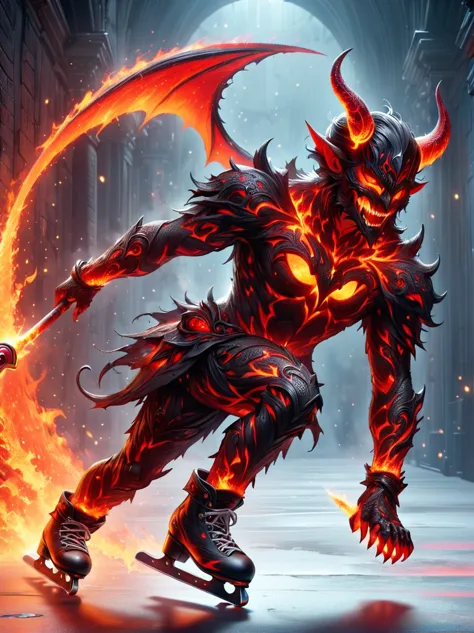 the lava demon figure skates skillfully on skates，the fiery red eyes sparkle with mischief，casts eerie shadows in dimly lit envi...