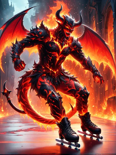 (1 demon whose body is made of lava:1.5)，the lava demon figure skates skillfully on skates，the fiery red eyes sparkle with misch...