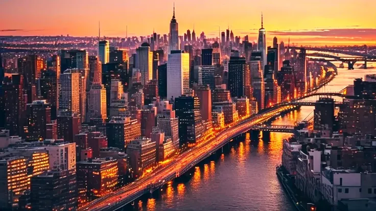 Aerial view of city skyline with bridge and river, Golden Hour in Manhattan, Sunset city view, New York City, Bustling streets, City view, Background city, Sunset in the city, Urban Background, New York City as backdrop, Background city, city dusk landscap...