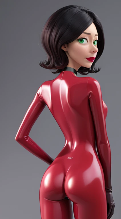 masterpiece, best quality,  scoverkill, green eyes, choker, red latex bodysuit, elbow gloves, lipstick, looking at viewer, 3d, looking at viewer, cowboy shot, grey background, back view, cameltoe 