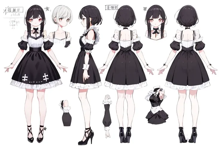 Character Sheet,[Sprite Sheet,She has dark shoulder-length hair and wears a short skirt.、Cross-dressing boy in maid outfit,cute, Delicate and short, (masterpiece)Ultra-detailed, (White Background),Multiple Views