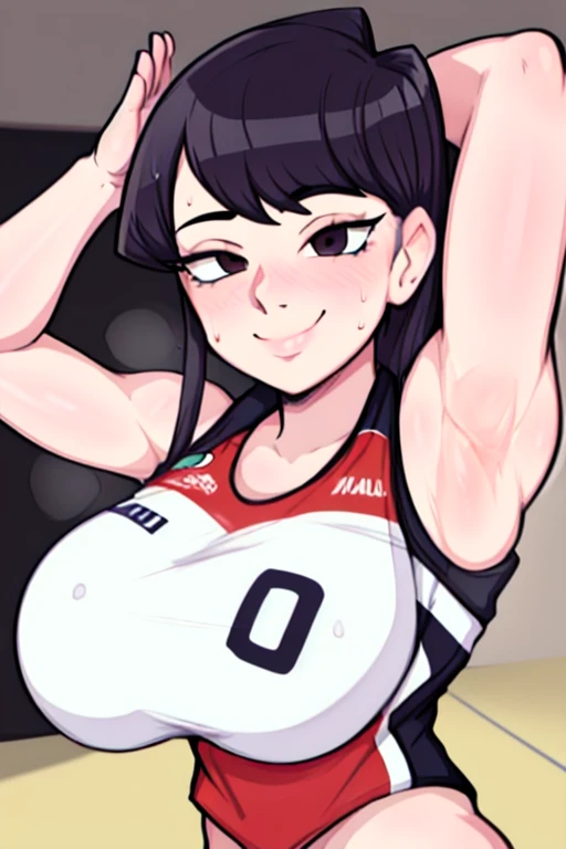 masterpiece, best quality, komi, looking at viewer, large breasts, upper body, portrait, seductive smile,both hands raised, armpits, armpits visible, sweaty armpits, wearing volleyball uniform, 