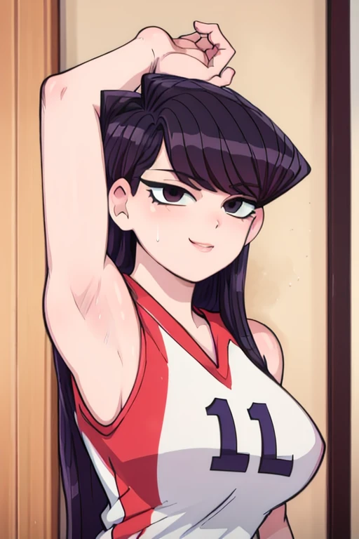 masterpiece, best quality, komi, looking at viewer, large breasts, upper body, portrait, seductive smile,both hands raised, armp...