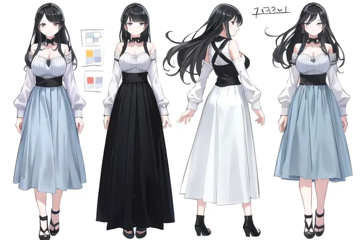 Character Sheet,[Sprite Sheet,Long black hair, Dress casually,sweater,Long skirt,Adult women,tall, Large breasts, (masterpiece)Ultra-detailed, (White Background),Multiple Views