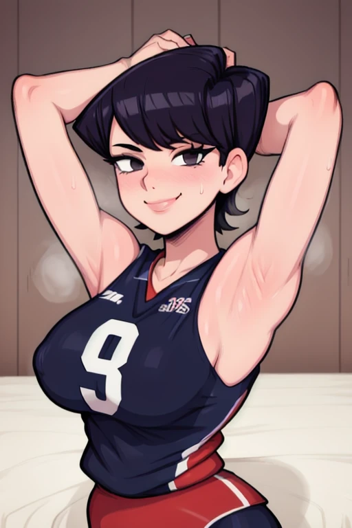 masterpiece, best quality, komi, looking at viewer, large breasts, upper body, portrait, seductive smile, put your hands behind your head, armpits, armpits visible, sweaty armpits, wearing volleyball uniform, 