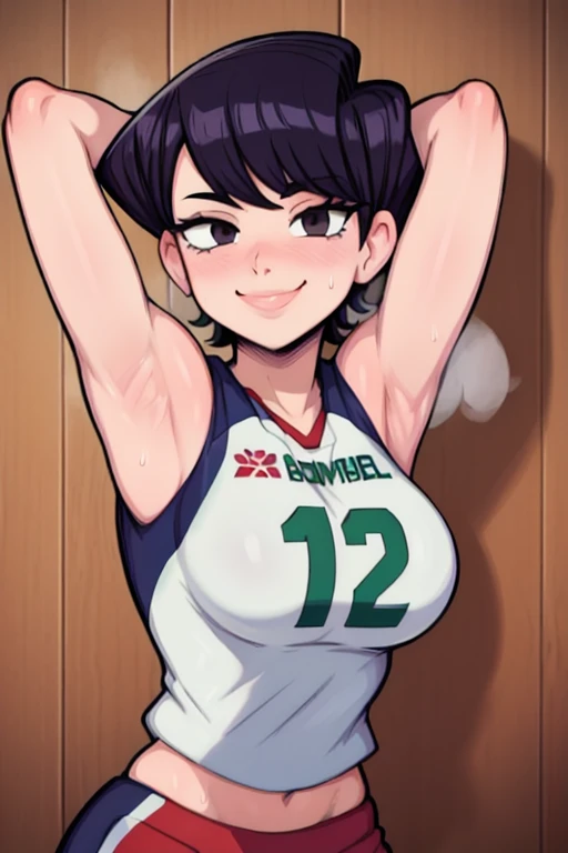 masterpiece, best quality, komi, looking at viewer, large breasts, upper body, portrait, seductive smile, put your hands behind your head, armpits, armpits visible, sweaty armpits, wearing volleyball uniform, 