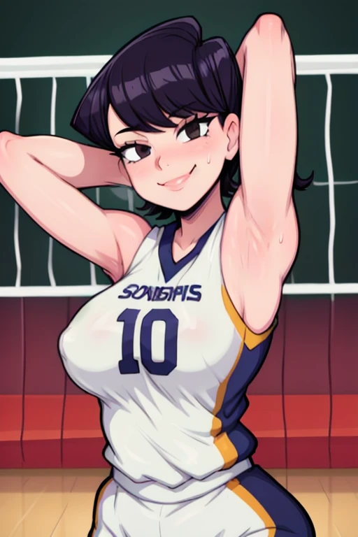 masterpiece, best quality, komi, looking at viewer, large breasts, upper body, portrait, seductive smile, put your hands behind your head, armpits, armpits visible, sweaty armpits, wearing volleyball uniform, 