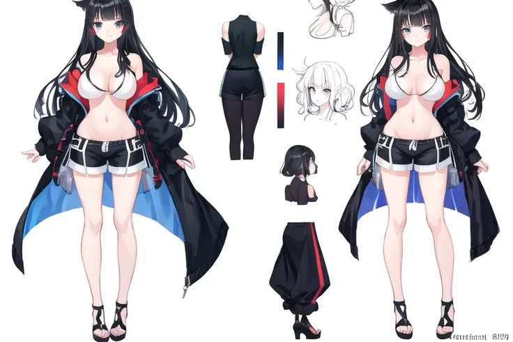 Character Sheet,[Sprite Sheet,Long black hair, naked, shorts,Adult women,tall, Large breasts, (masterpiece)Ultra-detailed, (White Background),Multiple Views