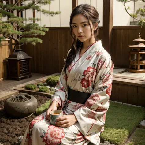 japanese girl wearing traditional kimono holding a cup of tea sitting down facing a zen garden, her eyes are light red and her hair has floral ornaments, her kimono is also floral with accents of black and golf, best quality, accurate, realisti, perfect bo...