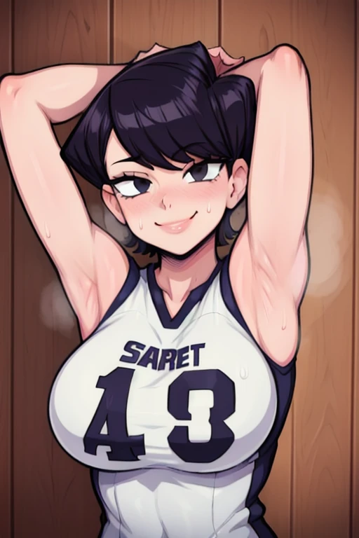 masterpiece, best quality, komi, looking at viewer, large breasts, upper body, portrait, seductive smile, put your hands behind your head, armpits, armpits visible, sweaty armpits, wearing white crotop jersey, 