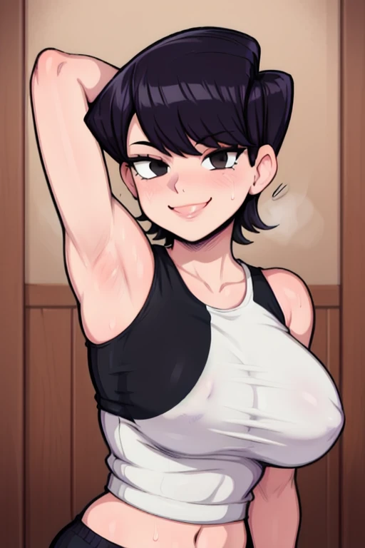 masterpiece, best quality, komi, looking at viewer, large breasts, upper body, portrait, seductive smile, put your hands behind your head, armpits, armpits visible, sweaty armpits, wearing white tanktop, 