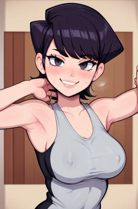 masterpiece, best quality, komi, looking at viewer, large breasts, upper body, portrait, seductive smile, put your hands behind your head, armpits, armpits visible, sweaty armpits, wearing white tanktop, 