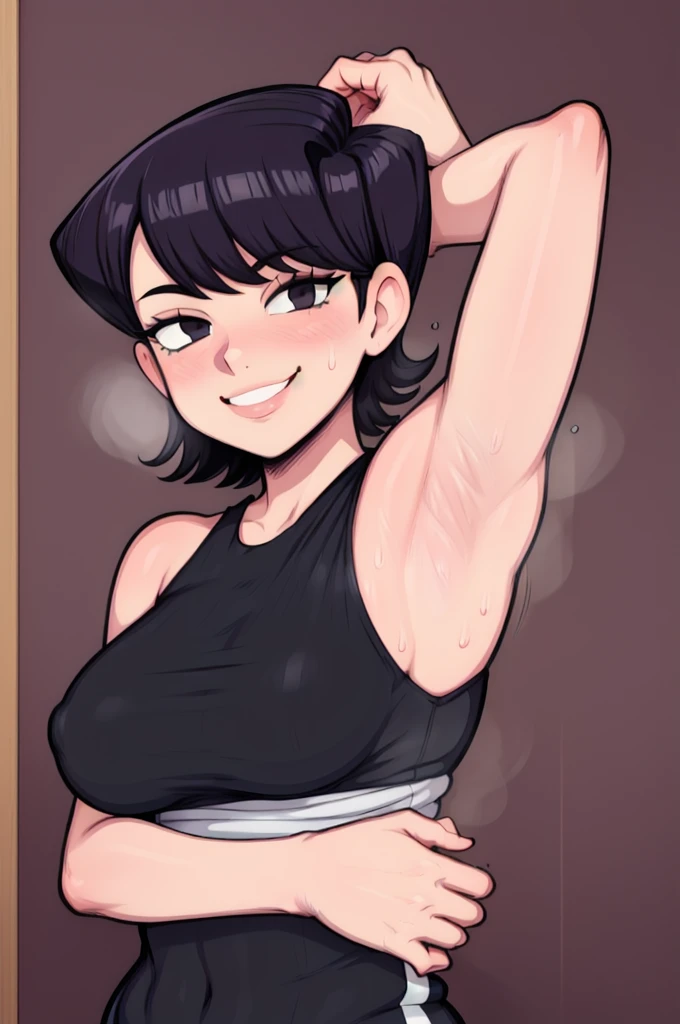 masterpiece, best quality, komi, looking at viewer, large breasts, upper body, portrait, seductive smile, put your hands behind your head, armpits, armpits visible, sweaty armpits, wearing white tanktop, 