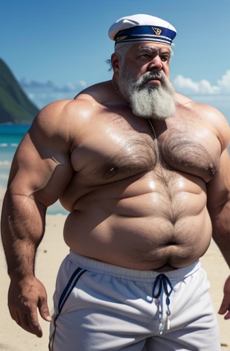  A gray haired American sailor super heavyweight bodybuilder with a sailor cap on his head with no shirt A full body obese bodybuilder with a very sweaty body An extremely muscular and extremely fat old man over 70 years old weighing over 600 pounds Very m...