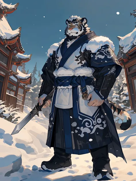 (white skintiger),(Black and white yin and yang general battle robe),(Holding a long sword),Powerful posture,Standing calmly,(The background is a city covered with ice and snow:1.2),(abdominal muscles),heroic posture,A perfect masterpiece,Various facial de...