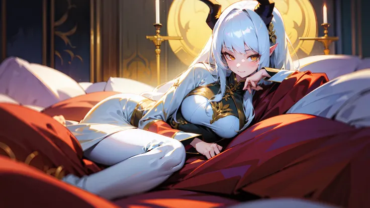 (best quality,highres,masterpiece:1.2),(flatten art:0.75), masterpiece, best quality, 1woman, Anime, darker environment, laying on bed, leaning with her palm, white horns, long straight white hair, golden hair ornaments, white ao dai, golden demon eyes, po...