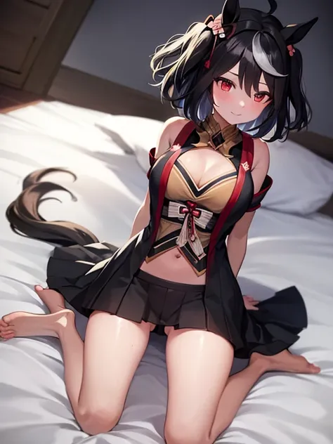 {kitasan black,umamusume,Red eyes, horse ears, horse girl, horse tail, black hair, short hair, messy hair, wavy hair, smile}, full body, {legs}, {spread legs}, neat figure, 10 years old, extremely beautiful detailed anime face and eyes, {light blush}, {lar...