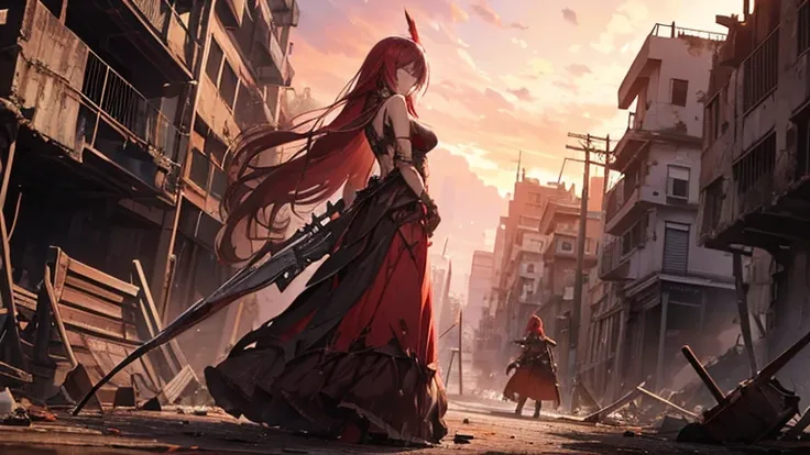 In a ruined city with a bright red sky, Long hair and long skirts、A woman whose body has been modified and has wings on her back, Holding a weapon in both hands.、Remains of destroyed machinery are scattered all over the place..