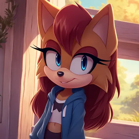 sonic_(series), sally acorn, (((mobian))), ((thin body, skinny figure)), (red hair, wavy bangs, long hair), ((blue eyes, aqua ey...