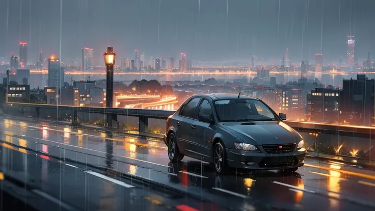 Against the backdrop of the cityscape、rain、Cars passing by、evening