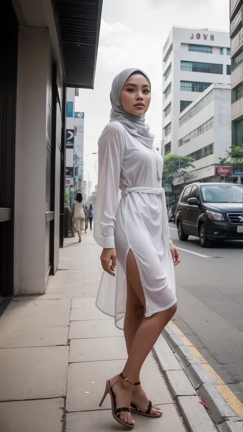 Gorgeous woman, twenty five years old, Indonesian, she is a top model, stylish, fashionable, unique modeling pose, grey hijab paired with white long tunic, Jakarta city downtown 