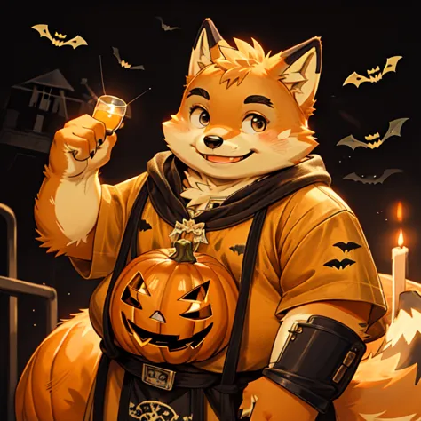 new jersey 5 furry，fox，personal portrait,exquisite，chubby，orange plush fur，cute face，black eyebrows，child，halloween attire，smile