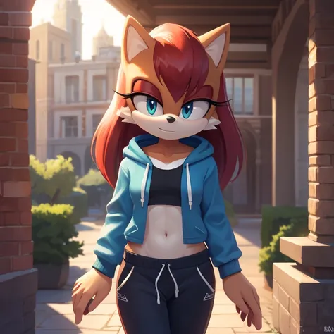 sonic_(series), sally acorn, (((mobian))), ((thin body, skinny figure)), (red hair, wavy bangs, long hair), ((blue eyes, aqua ey...