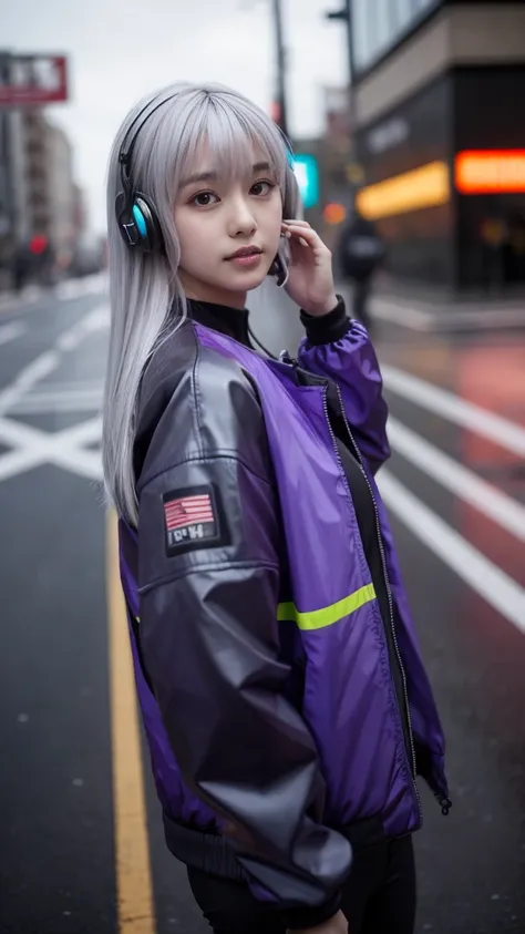 One girl, Gray Hair, Long Hair, Techwear masterpiece, highest quality, Realistic, realism, Dark purple jacket, Portraiture, Fine grain, Wearing the headset, Platinum Hair, 21 year old girl, Fashion pose, Half Body, Wide shot, on the road, cyber punk