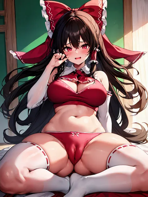 Reimu Hakurei、One Woman、Cute Woman、Thick thighs、Best image quality、High resolution、masterpiece、super high quality、Pink and black bra、Pink and black panties、Big Ass、Large Breasts 、Blushing、4K quality、Reached orgasm、Wearing black knee socks、Sweaty all over、H...